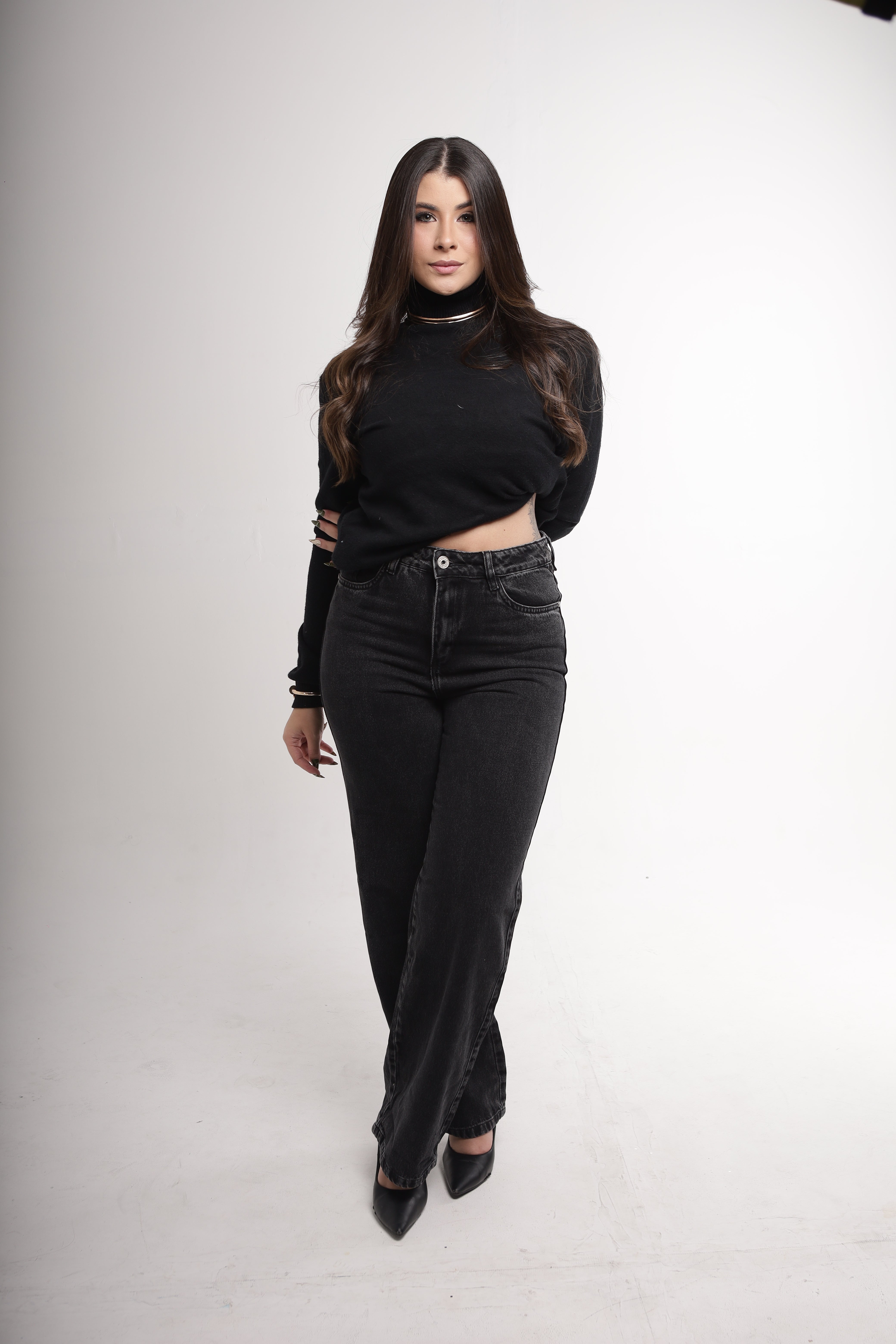 Calça Jeans Wide Leg Cintura Alta – Preto Estonado