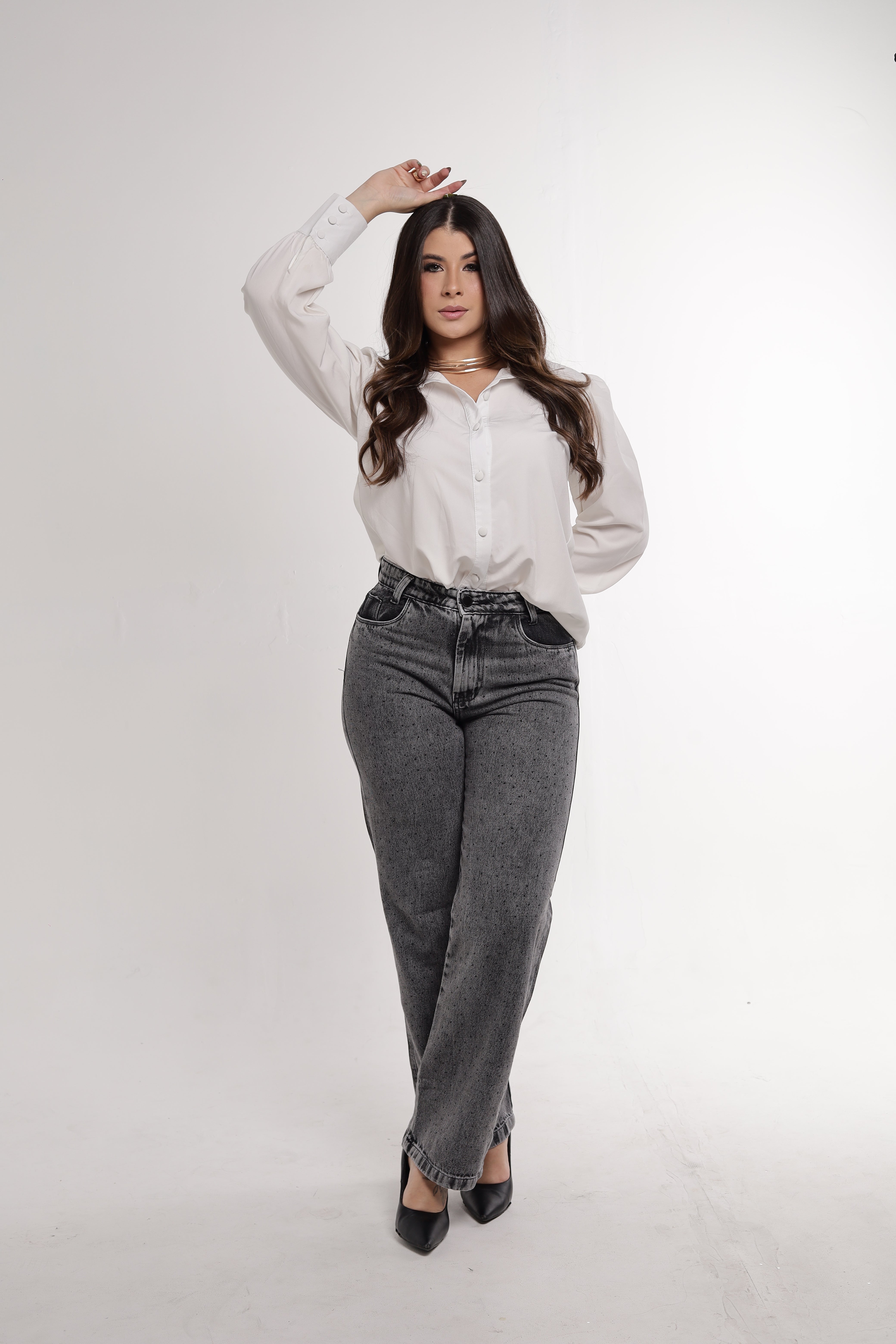 Calça Jeans Wide Leg Cintura Alta com Strass – Cinza Estonado